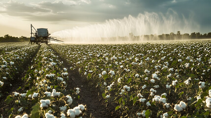 editorial , A cotton field being sprayed with pesticides, with chemicals running off into nearby water bodies, showing the harmful effects of agricultural practices on the