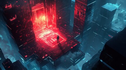 Poster - Futuristic Cityscape with Red Glowing Doorway and Silhouette of a Person