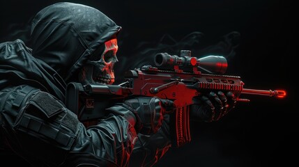 A dark and ominous portrait of a skeletal soldier in a black cloak, armed with a rifle, with a red skull that seems to glow with an evil force.