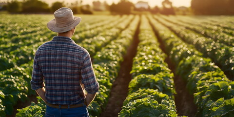 Farmer overlooking rows of crops at sunset, agricultural success and bountiful harvest season