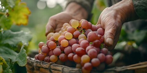 Hands holding a bunch of ripe grapes in a vineyard, the autumn harvest with vibrant colors and natural light