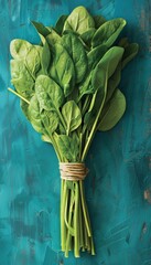 Sticker - Freshly Picked Bunch of Organic Spinach, Tied with Twine, on Vibrant Teal Background