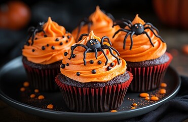 Halloween themed cupcakes with spider decorations are creatively arranged on a festive plate for display