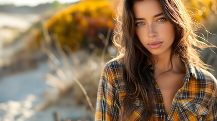 Beautiful woman in plaid flannel shirt posing on beach with golden autumn light. Banner with copy space