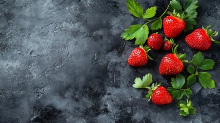 A rustic arrangement of fresh strawberries, their vibrant red color popping against the dark charcoal concrete surface, with a few green leaves scattered around