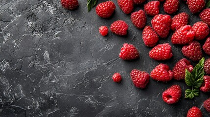 Wall Mural - A rustic display of fresh raspberries, their bright red color popping against the dark charcoal concrete surface, with a few loose berries scattered around for a casual, natural look