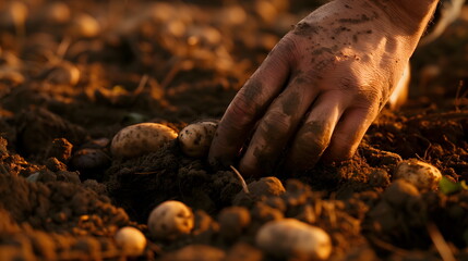 Farmer's hand harvesting fresh potatoes from soil in golden autumn sunlight, close-up view of agricultural harvest