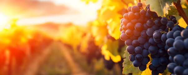 Close-up of ripe red grapes on vine with blurred vineyard and sunset in background, autumn wine grape harvest. Copy space for text or advertising message on card or banner