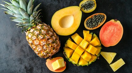 Wall Mural - A selection of tropical fruits, including mango, pineapple, and papaya, arranged in a neat pile on a dark charcoal concrete surface, with a few slices and chunks for added texture