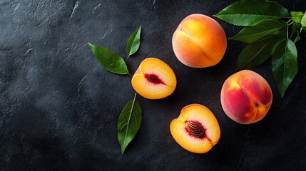 Poster - A trio of perfectly ripe peaches, their soft, velvety skin contrasting beautifully with the dark charcoal concrete surface, with a few peach slices and leaves nearby