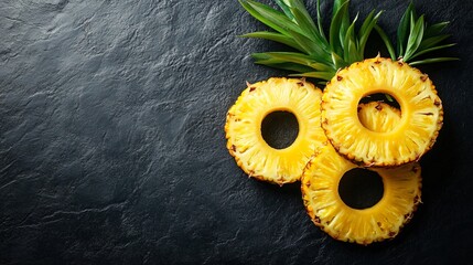 Wall Mural - A vibrant display of sliced pineapple, the golden rings arranged in a neat stack on a dark charcoal concrete surface, with a few pineapple leaves for added texture