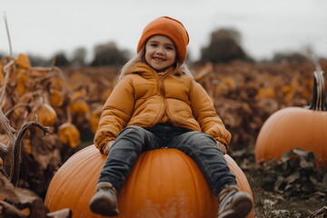 child in orange jacket sitting on large pumpkin in autumn pumpkin patch