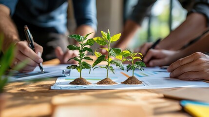 Wall Mural - Three small plants are growing in a pot on a table