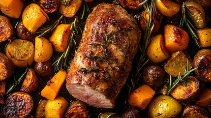 A deep brown, roasted pork tenderloin with a golden crust, surrounded by roasted autumn vegetables in warm orange and yellow tones