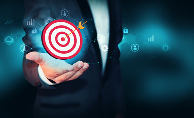 Poster - Sales target hitting and achievement concept finance background with man showing palm and glowing board. Completing the sales target, business and leads generation concept backdrop