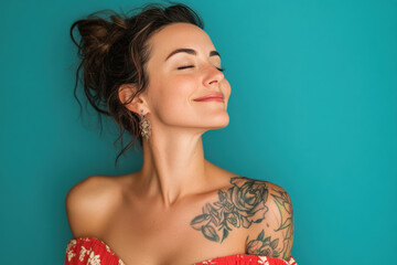 A close up of a woman's face with tattoos and her eyes closed