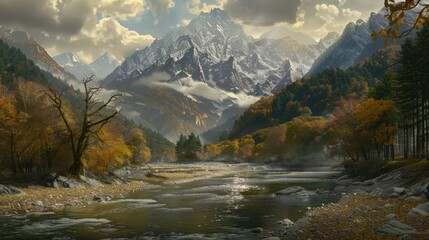 Poster - a mountain valley with trees and water