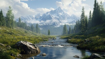 Poster - Majestic Mountain with Stream