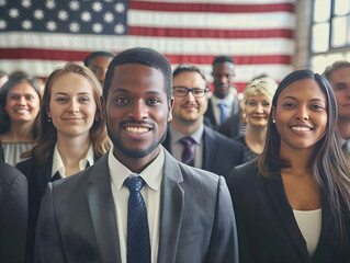 group of diverse people in formal attire standing together at a naturalization ceremony with us flag
