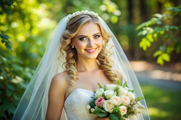 Beautiful happy bride in a wedding dress with a bouquet in her hands in nature