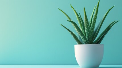 Poster - Aloe Vera Plant on White Pot against Pastel Blue Background