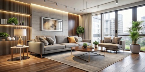 Wall Mural - Modern apartment living room with sleek furniture and neutral tones, modern, apartment, living room, interior, furniture