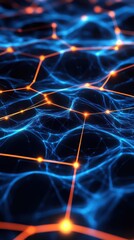 Poster - Digitally rendered animation of a dynamic neural digital network with interconnected nodes and glowing lines, representing advanced AI and machine learning