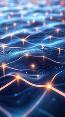 Poster - Digitally rendered animation of a dynamic neural digital network with interconnected nodes and glowing lines, representing advanced AI and machine learning
