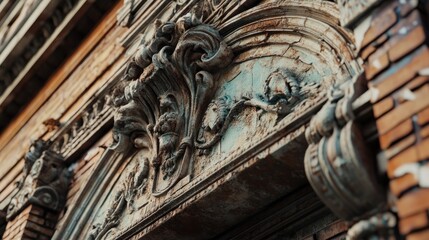 Poster - Close-up of Ornate Stonework on an Aged Brick Building