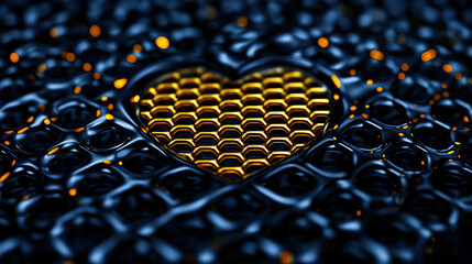   Heart-shaped honeycomb background with blue and yellow colors