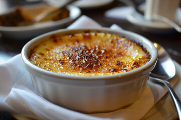 Delicious Creme Brulee with caramelized sugar and a fresh mint garnish