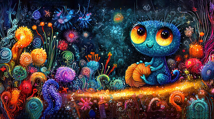 Wall Mural -   A cat sitting on a tree branch amidst a colorful field of flowers and plants