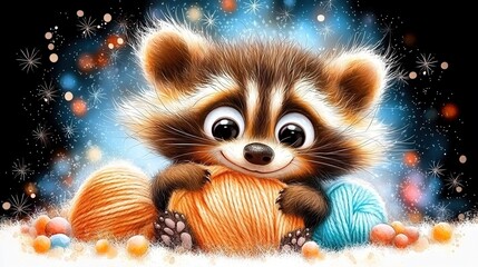 Wall Mural -   Raccoon with Ball of Yarn and Yarn Balls