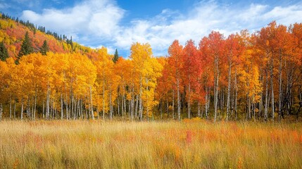 Sticker -   A dense woodland brimming with towering trees adjacent to an orange-yellow autumn forest