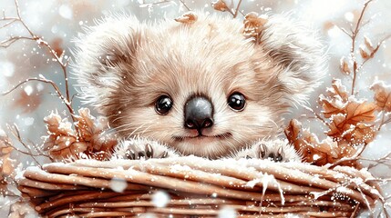 Canvas Print -   Teddy Bear in Basket, winter scene with snowflakes on the ground