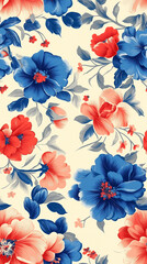 Wall Mural - Bold and vibrant floral pattern in red, blue, and white hues, featuring detailed blooming flowers, ideal for textiles, wallpapers, and decorative purposes.