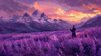   Purple flowers surround man on field, mountains, clouds in background