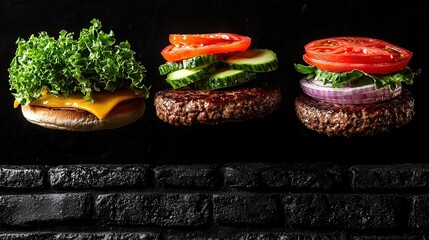 Wall Mural -  Hamburger with veggies on black backdrop