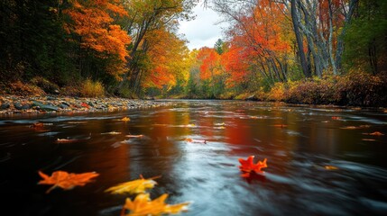 A river with leaves floating on the surface