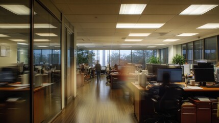 Aufkleber - An Interior View of a Modern Office Space with a Glass Wall and Desks