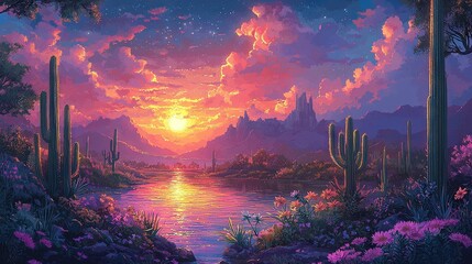 Wall Mural -   Sunset over water with cactus foreground