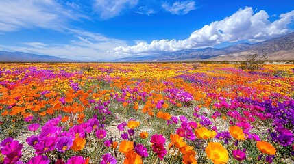 Poster -  Purple and orange flowers fill a field beneath a blue sky with scattered clouds