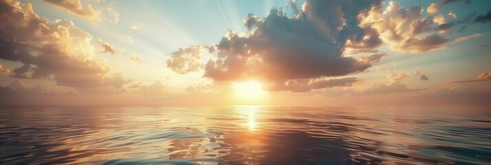 Wall Mural - Sunlight piercing through fluffy clouds, illuminating the ocean's surface and forming a breathtaking natural scenery with a scenic horizon.