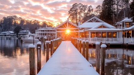 Wall Mural -   The sun sets over a dock in a lake, with houses on one side and trees on the other