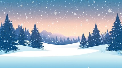 Poster -   A picturesque winter wonderland featuring tall trees up front and a majestic mountain behind, adorned with delicate snowfall