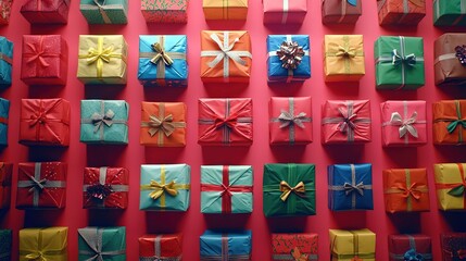 Sticker -   A group of presents sits on a red wall, surrounded by colorful gifts on a separate wall