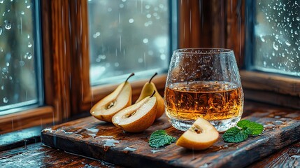 Wall Mural -   A glass of apple cider next to sliced apples on a wooden cutting board in front of a rainy window