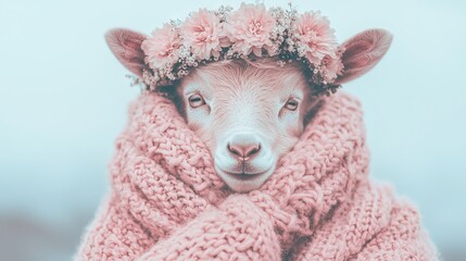 Wall Mural -   Close-up of a sheep in a blanket with a flower crown on its head