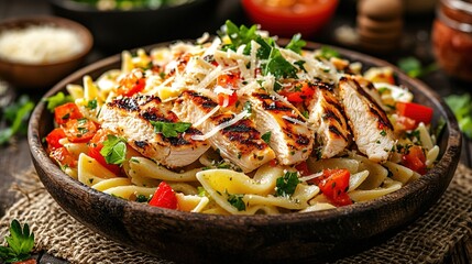 Sticker -   A bowl of pasta with chicken, tomatoes, and Parmesan cheese on a burrow cloth on a wooden table