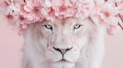 Poster -   A white lion adorned with a floral crown and pink blossoms perched against a rosy backdrop